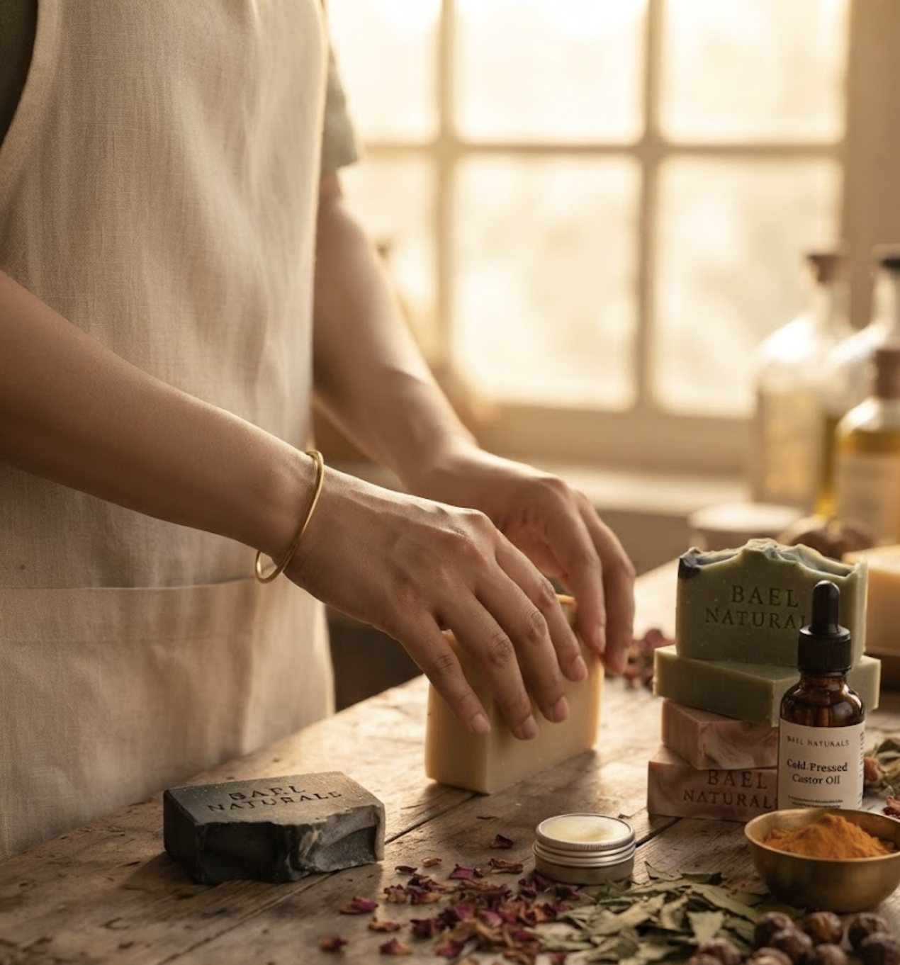 A woman's hands shaping a bar of Bael Naturals soap at a sunlit workbench, with soaps, lip balm and castor oil beside her